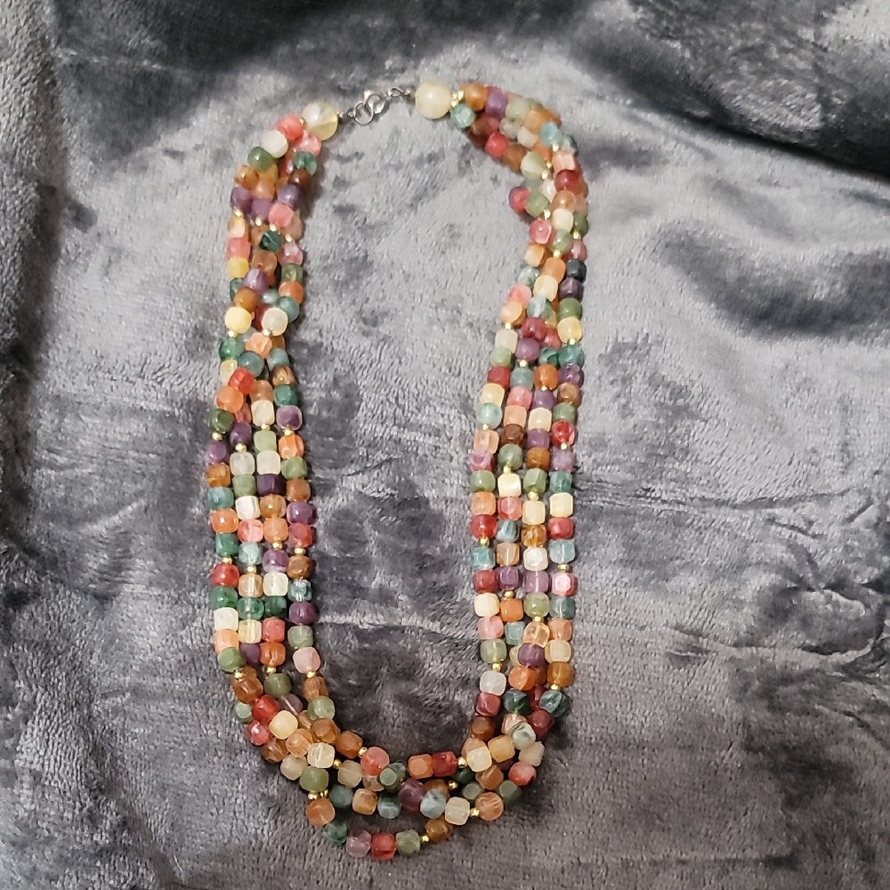 Multicolor Beaded Multi-Strand Necklace - Colorful Gemstone Look